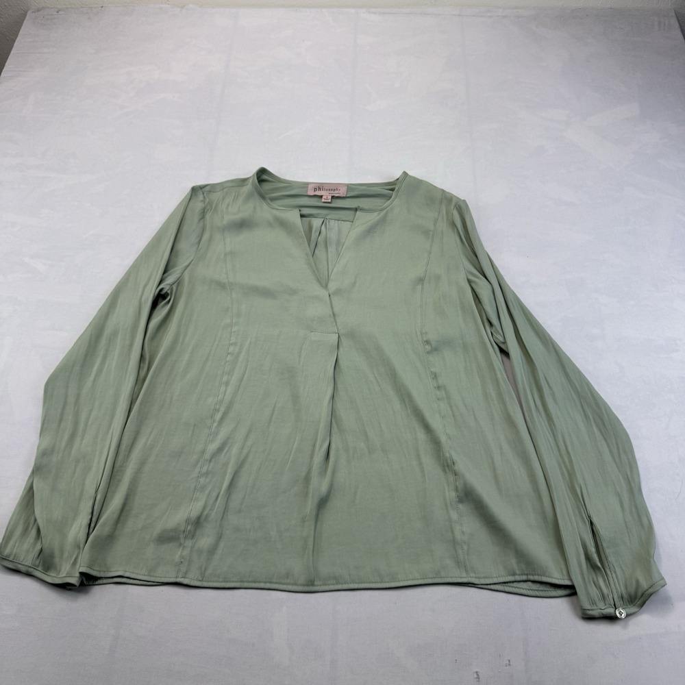 Philosophy Republic Sage Green Split Neck Blouse Long Sleeve Women's S